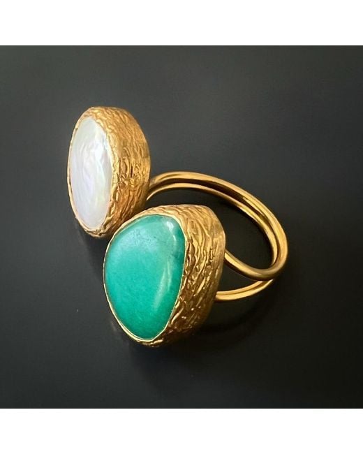 Ebru Jewelry Multicolor Double Gemstone Pearl & Jade Gaia Ring
