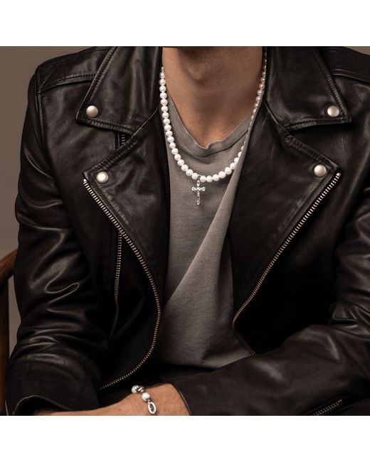 Nialaya Metallic Pearl Necklace With Cross for men