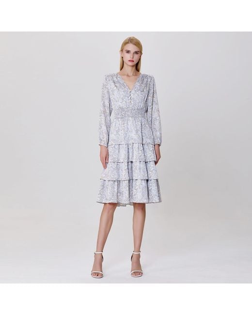 Smart and Joy Gray Tiered Ruffles Liberty Print Tea Dress