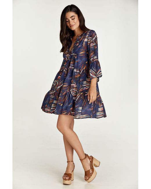 Conquista Blue Leaf Print A Line Dress With Bell Sleeves