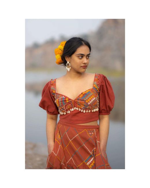 Tega Collective Red Alankara Balloon Sleeve Crop Top