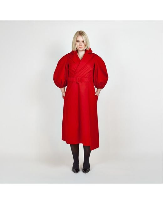 Femponiq Red Wide Lapel Asymmetric Belted Midi Cotton Dress