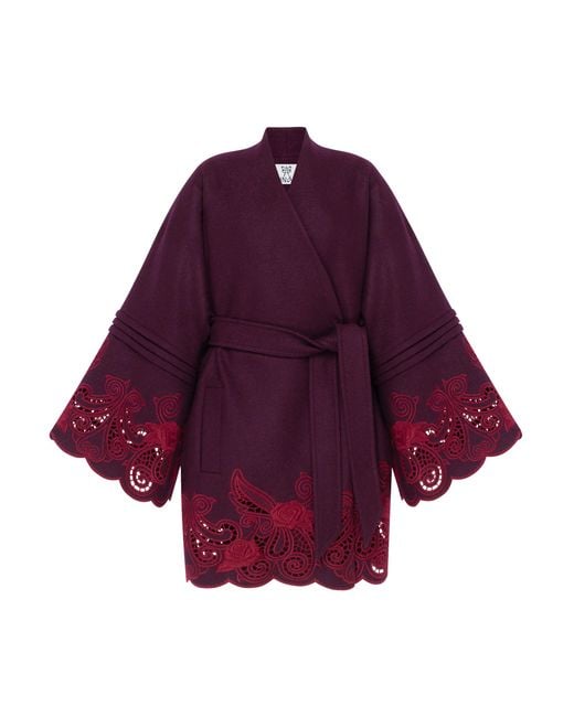 Annabo Purple Winter Plum Embroidered Wool Wrap Coat
