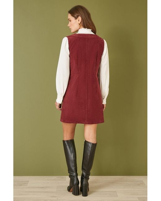 Yumi' Red Burgundy Cord Button Through Pinafore Dress With Pockets