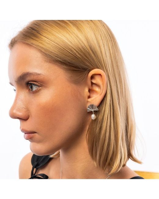 Spero London Metallic Fine Diamond Sterling Pearl Drop Fan Earrings