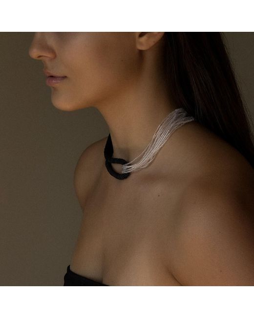 WAIWAI Black Interlock Leather And Glass Bead Necklace