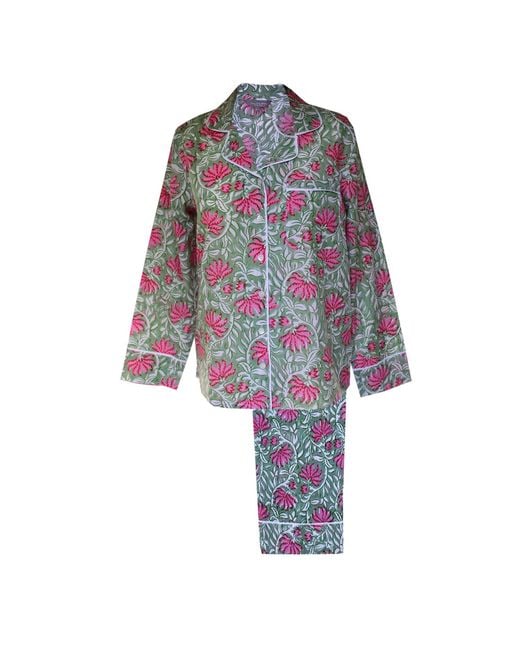 Lime Tree Design Blue And Floral Cotton Block Printed Pyjamas