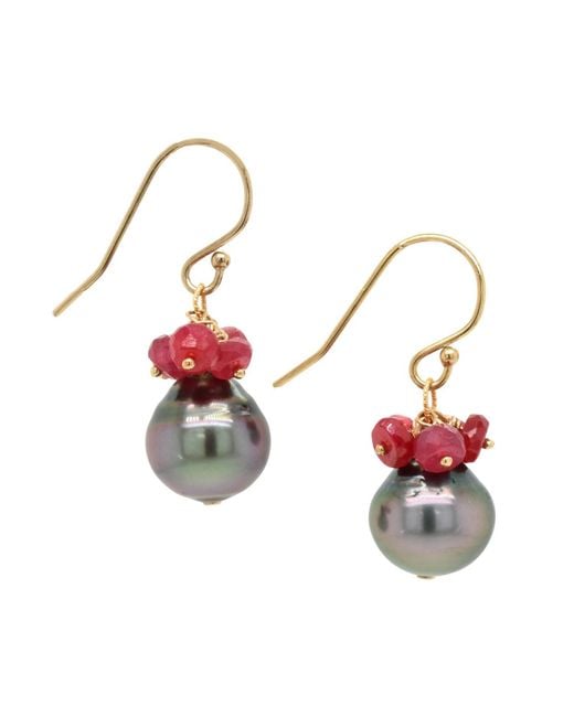 Lori Kaplan Design Multicolor Tahitian Pearl With Ruby Cluster Earrings