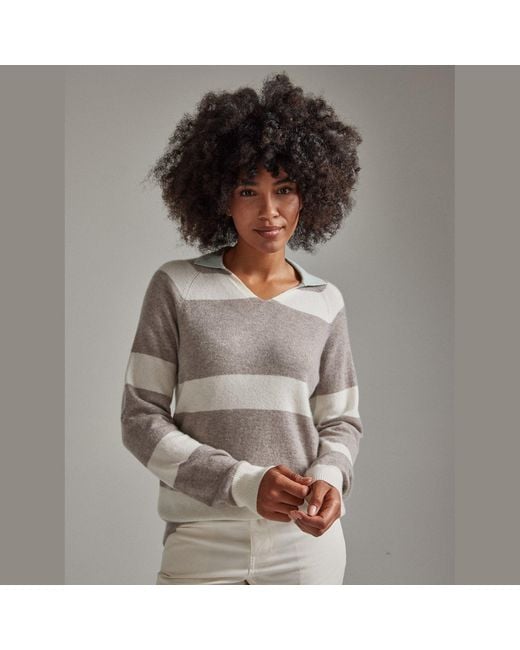 Salts Cashmere Gray Split Neck Polo Stripe Sweater