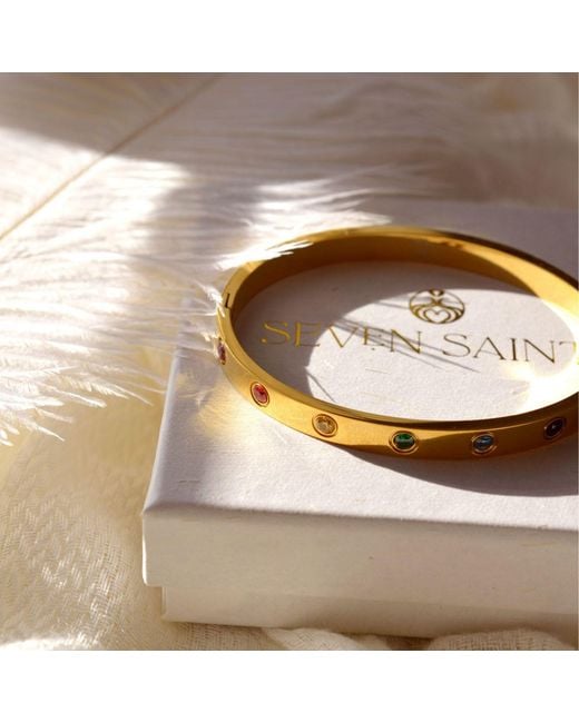 Seven Saints Metallic Chakra Healing Stone Bangle, Over Stainless Steel