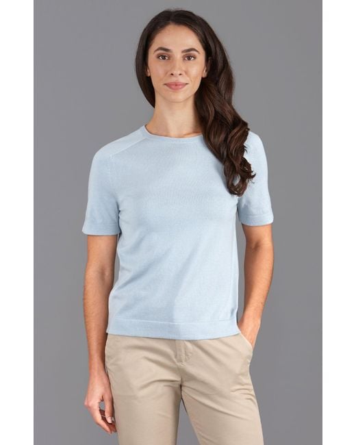 Paul James Knitwear Blue Ultra Fine Cotton Cassie Saddle Shoulder Knitted T-Shirt