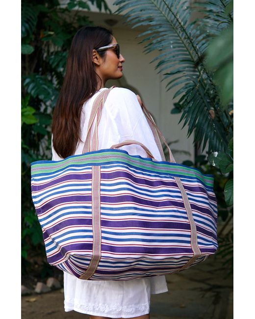La Mandarine Blue Beach Bag, Xl Size, Colourful Striped Weekender Bag, Tote, Shopper, Recycled Nylon