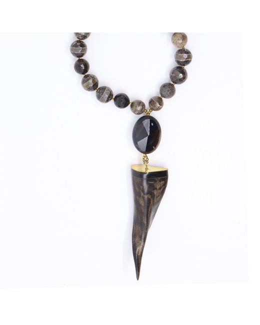 Shar Oke Metallic Horn Tusk Amulet & Tibetan Agate Statement Beaded Necklace