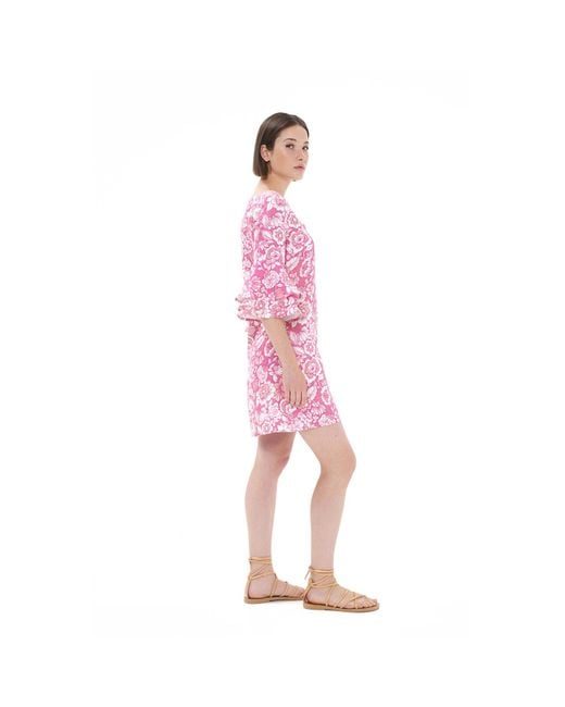 Haris Cotton Pink V Neck Printed Linen Dress With Frill Sleeve