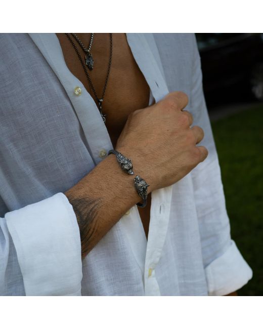 Ebru Jewelry Metallic Twin Wolf Sterling Bold Bracelet for men