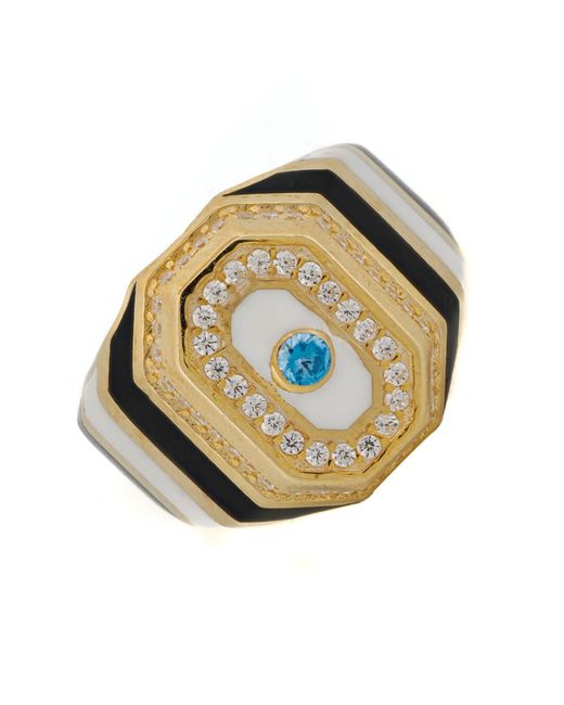 Ebru Jewelry Metallic Black & White Enamel Diamond Gold Statement Ring