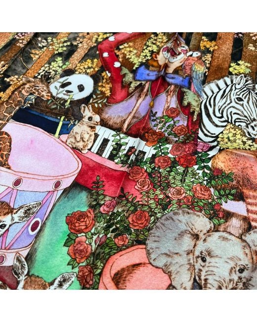 Wenzi Multicolor Neutrals The Forest Circus Hand Painted Mulberry Silk Square Scarf