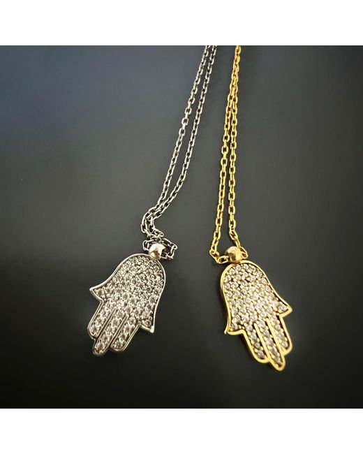 Ebru Jewelry Metallic Dainty Diamond Hamsa Pendant Chain Silver Necklace