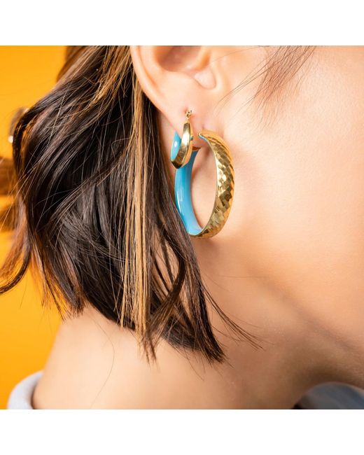 Gold & Honey Blue Hammered Hoop Earrings