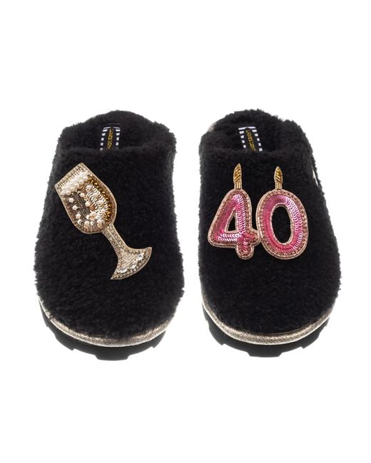 Laines London Black Teddy Closed Toe Slippers With 40Th Birthday & Champagne Glass Brooches