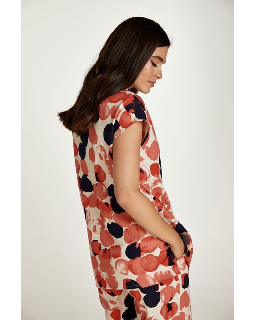 Conquista Red Apricot Print Linen Style Sleeveless Top