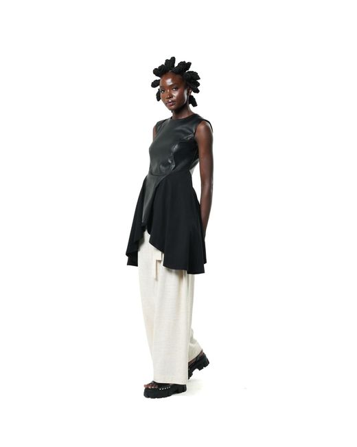Metamorph Black Sleeveless Asymmetric Top With Vegan Leather