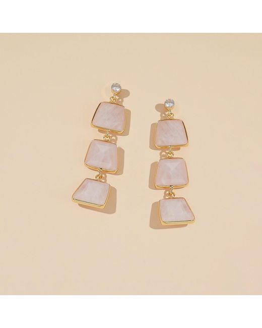 Rare Matters Jewelry Metallic Prism Ladder Rose Quartz Triple Drop Earrings