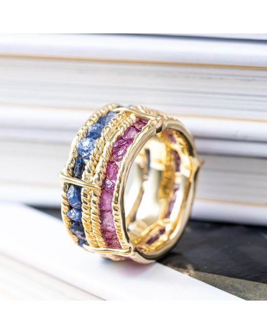 German Kabirski Metallic Tyra Handcrafted Plated Barrel Ring With Raw Sapphire And Ruby