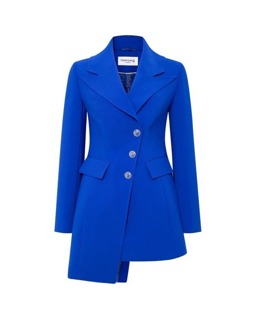 Femponiq Blue Asymmetric Double Breasted Tailored Blazer