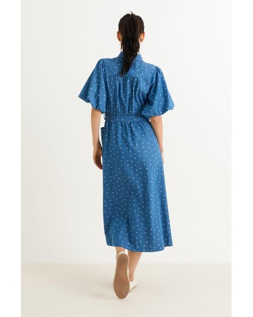 Louche Blue Lola Flower Dot Print Balloon Sleeve Shirtdress