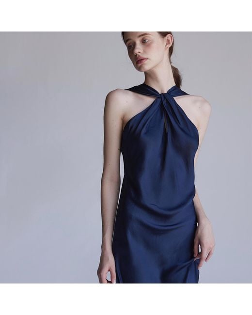 Belsize25 Blue Soft Sculpture Series – Satin Halterneck Midi Dress