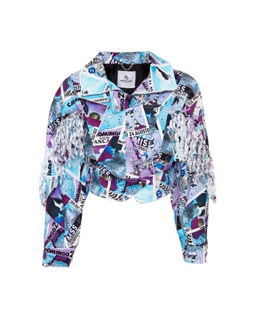 Brenda Agradi Blue Ibiza Style Printed Fringed Bomber Jacket