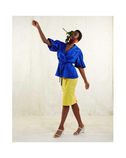 Femponiq Blue Draped Puff Sleeve Belted Blouse