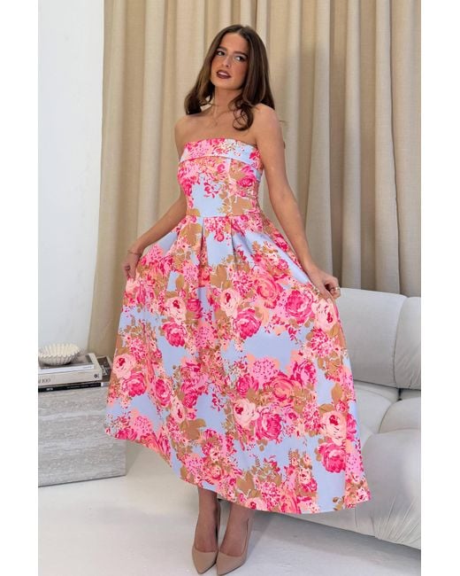 Girl In Mind Pink Danni Strapless Bandeau Midi Dress Floral