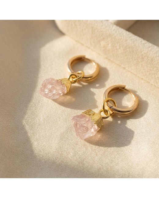 Harfi Metallic Raw Rose Quartz October Birthstone Plated Huggies