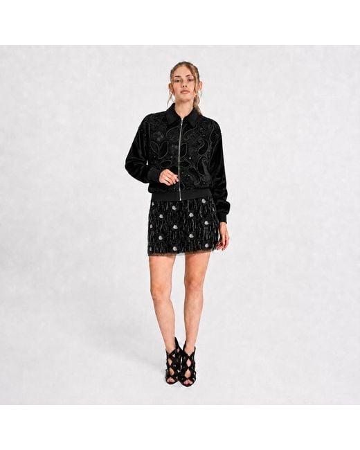 Lalipop Design Black Velvet Embroidered Bomber Jacket