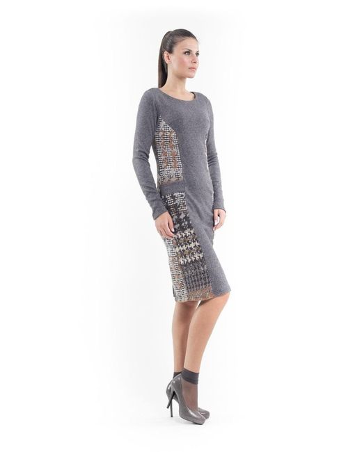 Conquista Gray Patterned Straight Sweater Dress