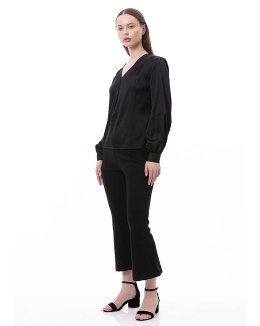 Carloslines Blue V-Neck Pleat Detail Balloon Long Sleeve Blouse