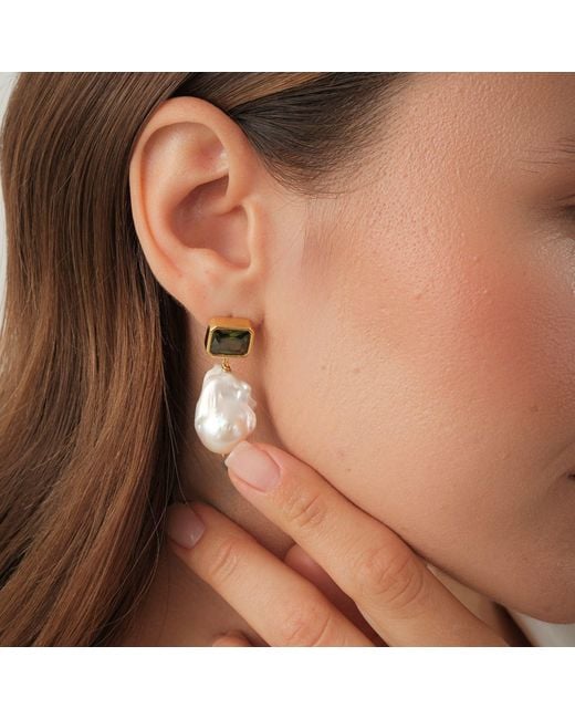 LINYA JEWELLERY Metallic Khaki Crystal Stone Baroque Pearl Dangle Earrings