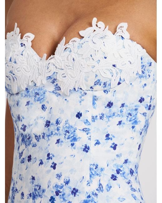 Miss Circle New York Blue Taleah Floral Print Linen Mini Dress With Lace Trim