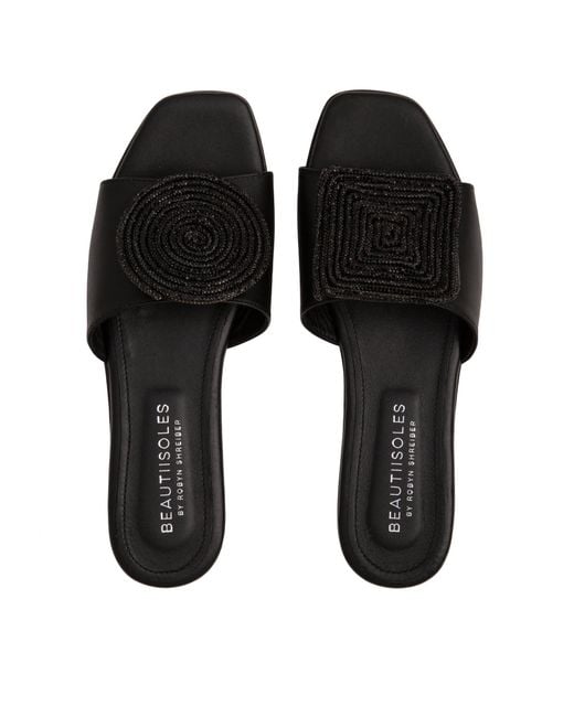 Beautiisoles by Robyn Shreiber Made in Italy Black Adeline Leather Flat Sandal Comfortable & Sexy Work & Valentine Evening Slide