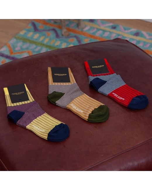 Peper Harow - Made in England Red Mustard & Scarlet Oxford Stripe Socks 2 Pack