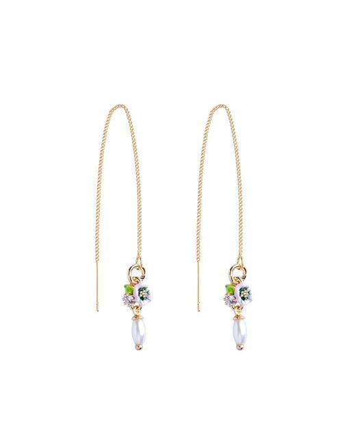 My Little Nature Metallic Plated Threader Earrings With Delicate Flower And Pearl Bridal
