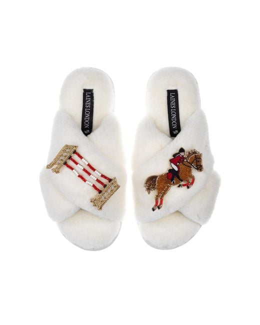 Laines London White Embroidered Faux Fur Cross Slippers