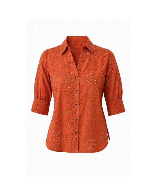 Carloslines Orange Embroidered Cotton V-Neck Short Sleeve Shirt Blouse