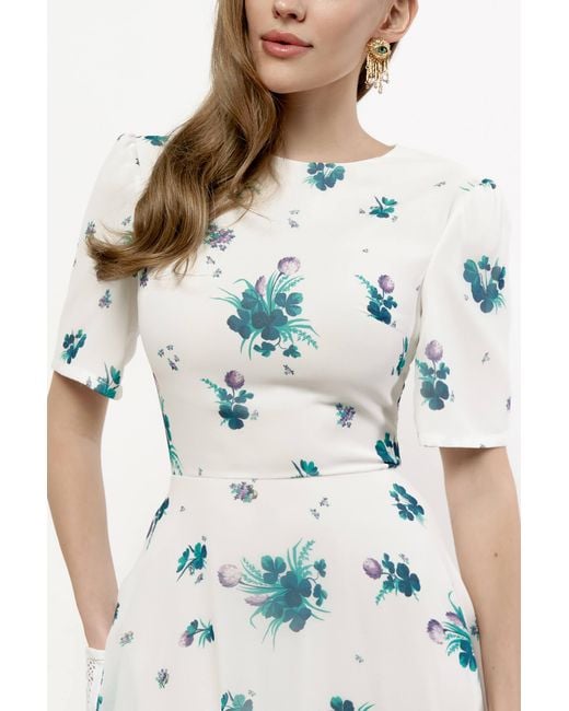 POST MERIDIEM White Floral Short Sleeve Midi Dress