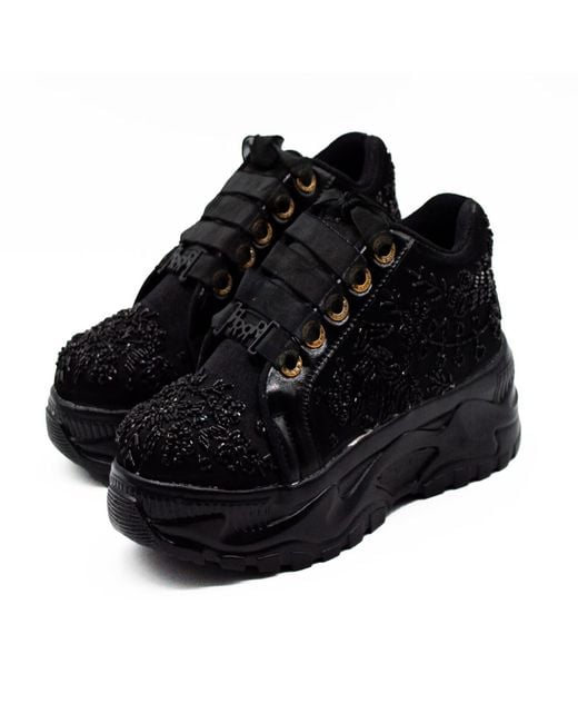 Rettrose Black Diana Luxury Noir Satin Handmade Embellished Trainer