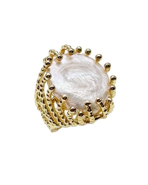 Farra Metallic Flat Freshwater Pearls Setting Chunky Ring