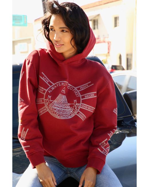 Miracles Manifester Red God First Affirmation Hoodie With Rhinestone Design