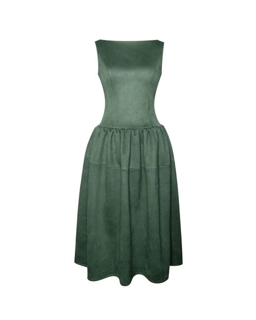Miss Circle New York Green Laila Suede Boat Neck Backless Midi Dress